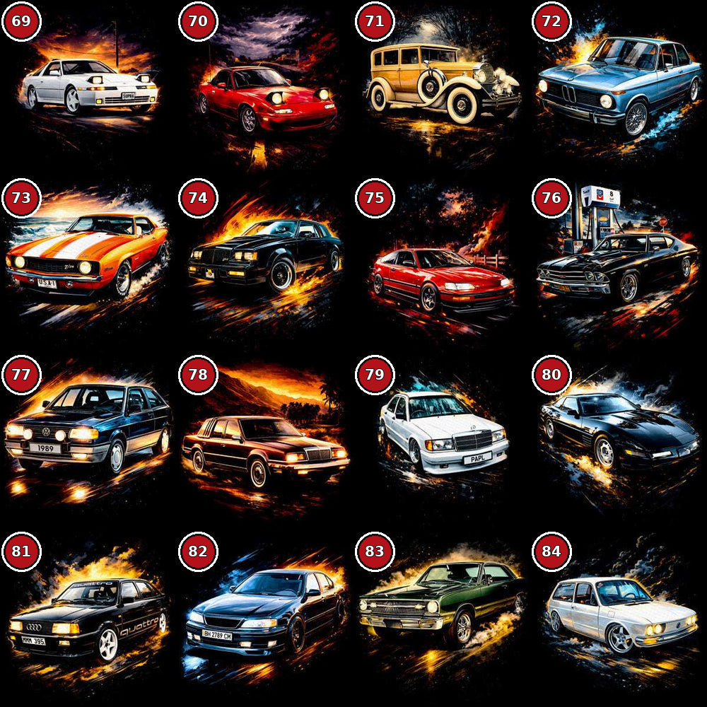 Classic cars DTF transfer selection guide designs 69 to 84