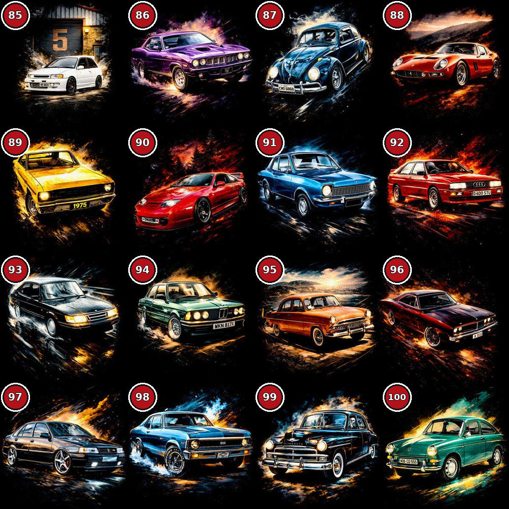 Classic cars DTF transfer selection guide designs 85 to 100