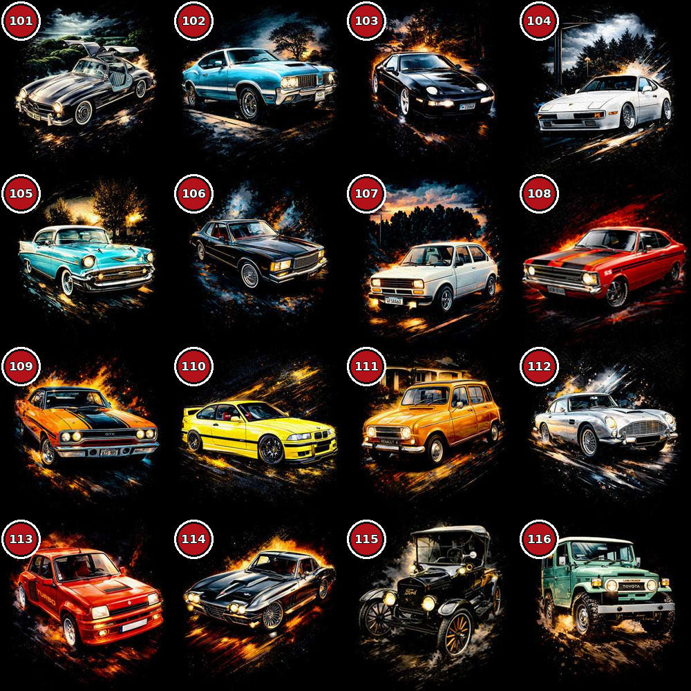Classic cars DTF transfer selection guide designs 101 to 116