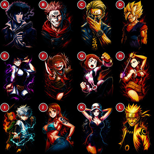 Anime Heroes DTF transfer selection guide characters A to L