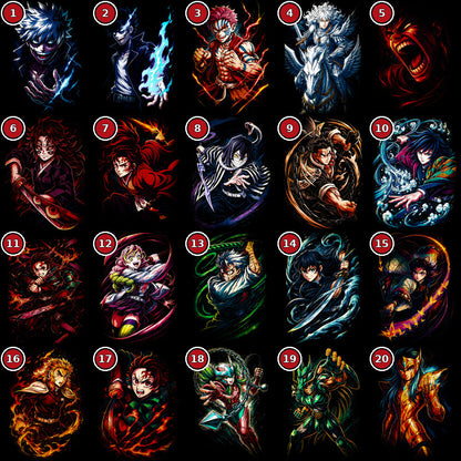 Anime Heroes DTF transfer selection guide designs 1 to 20