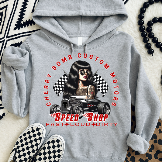 T-Shirt Or Hoodie Cherry Bomb Custom Motors – Pin-Up Speed Shop Design