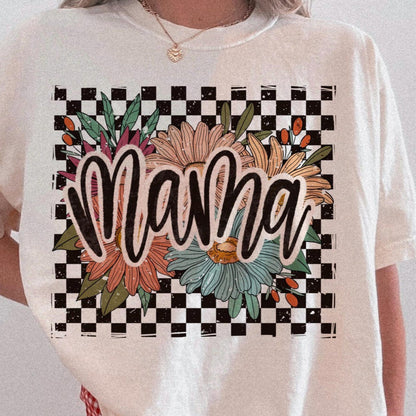 T-Shirt Sweatshirt Hoodie  Mama Checkered Floral Boho Retro Design Crewneck