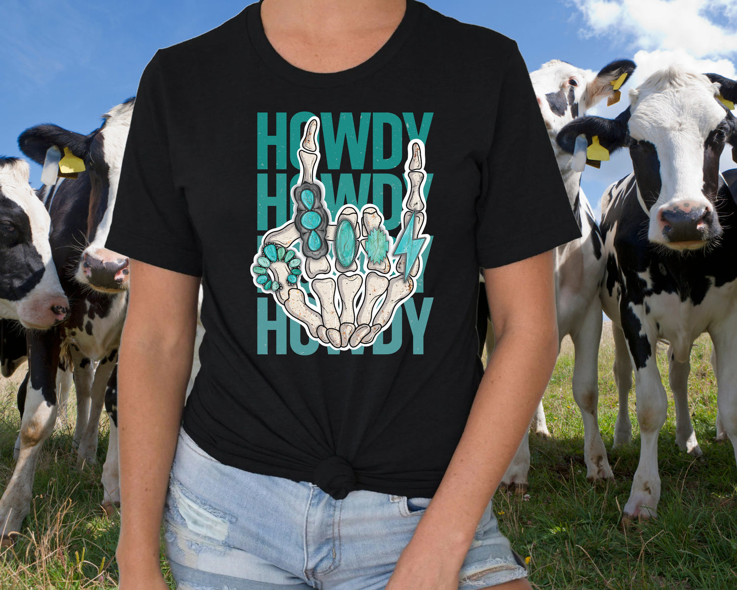 T-Shirt Sweatshirt Hoodie Howdy Western Skeleton Hand Turquoise Design