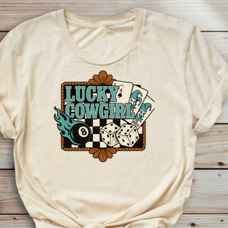 Lucky Cowgirl T-Shirt Sweatshirt Crewneck – Vintage Dice, Cards & Western Graphic