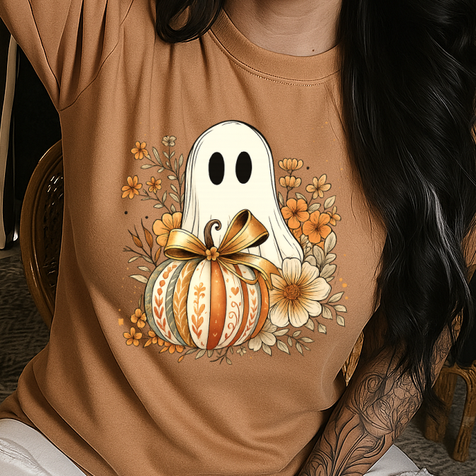 T-Shirt Crewneck Hoody – Fall Floral Ghost with Pumpkin & Bow