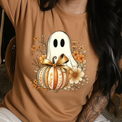 T-Shirt Crewneck Hoody – Fall Floral Ghost with Pumpkin & Bow