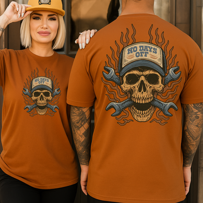 DTF Transfer Gear Heads – No Days Off Skull