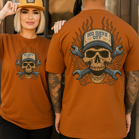 DTF Transfer Gear Heads – No Days Off Skull