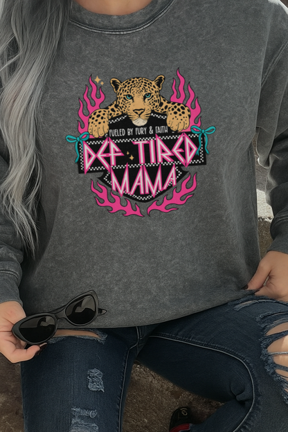 DTF Transfer – Def Tired Mama Graphic with Pink Flames & Leopard