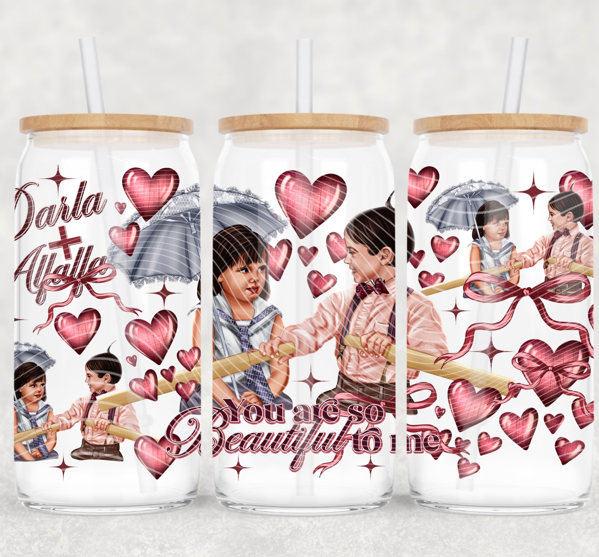 Three tumblers with illustrations of children holding hands, hearts, and text on a white background.