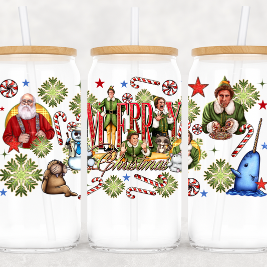 Three glass tumblers with festive designs featuring characters and text on a white background.