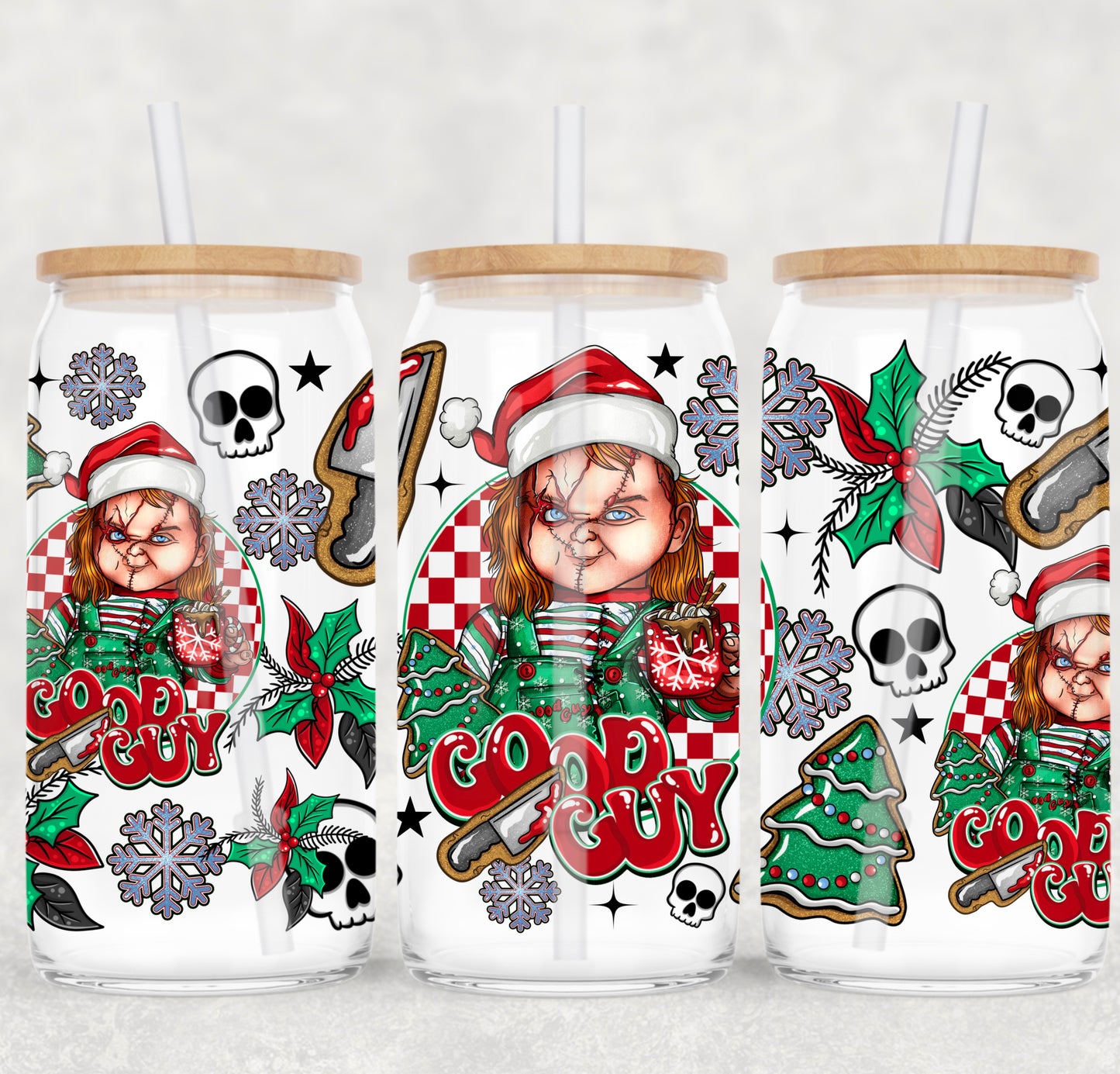 UV DTF Cup Wrap – Good Guy Chuckyy Christmas | Horror Holiday Glass Cup Decal