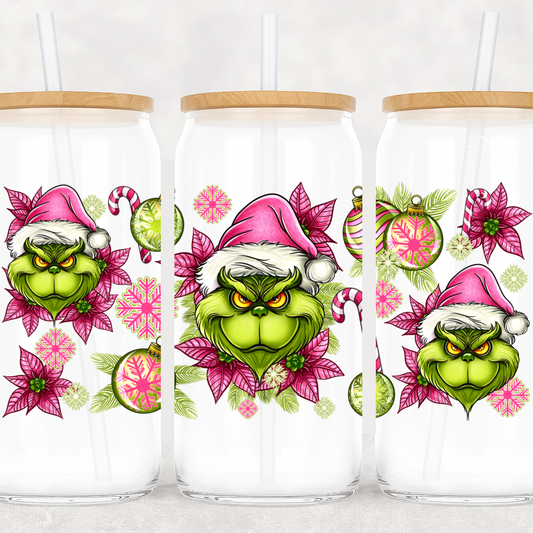 UV-DTF Grinchh Guy Christmas Wrap – Pink Santa Hat, Ornaments & Poinsettias