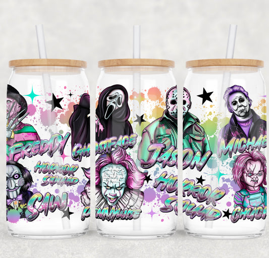 UV DTF Cup Wrap – Horror Squad | Freddy, Jason, Ghost facee, Chucky & More Glass Cup Decal