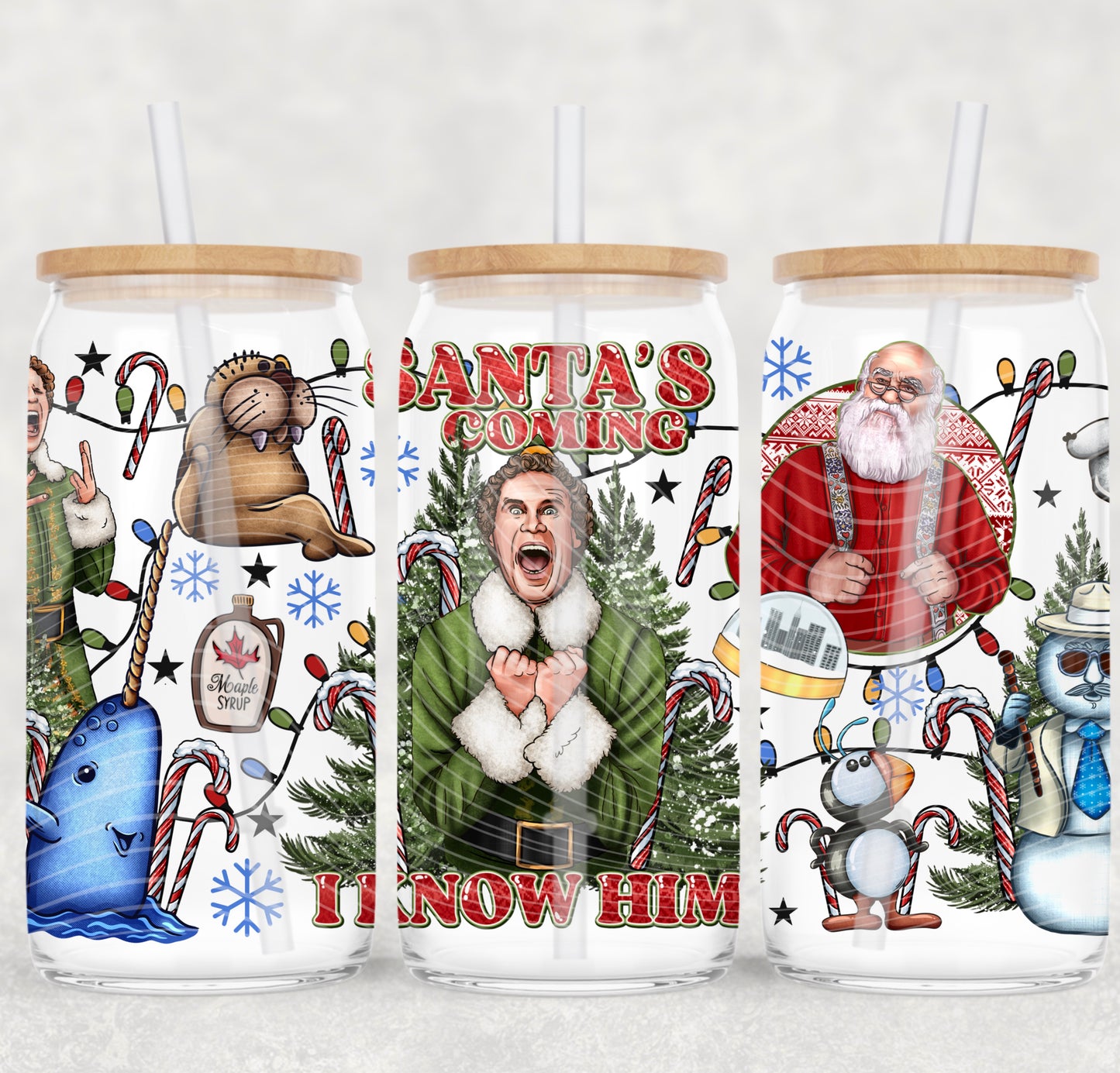 UV DTF Cup Wrap – Santa’s Coming “I Know Him” | Funny Elf Christmas Glass Cup Decal
