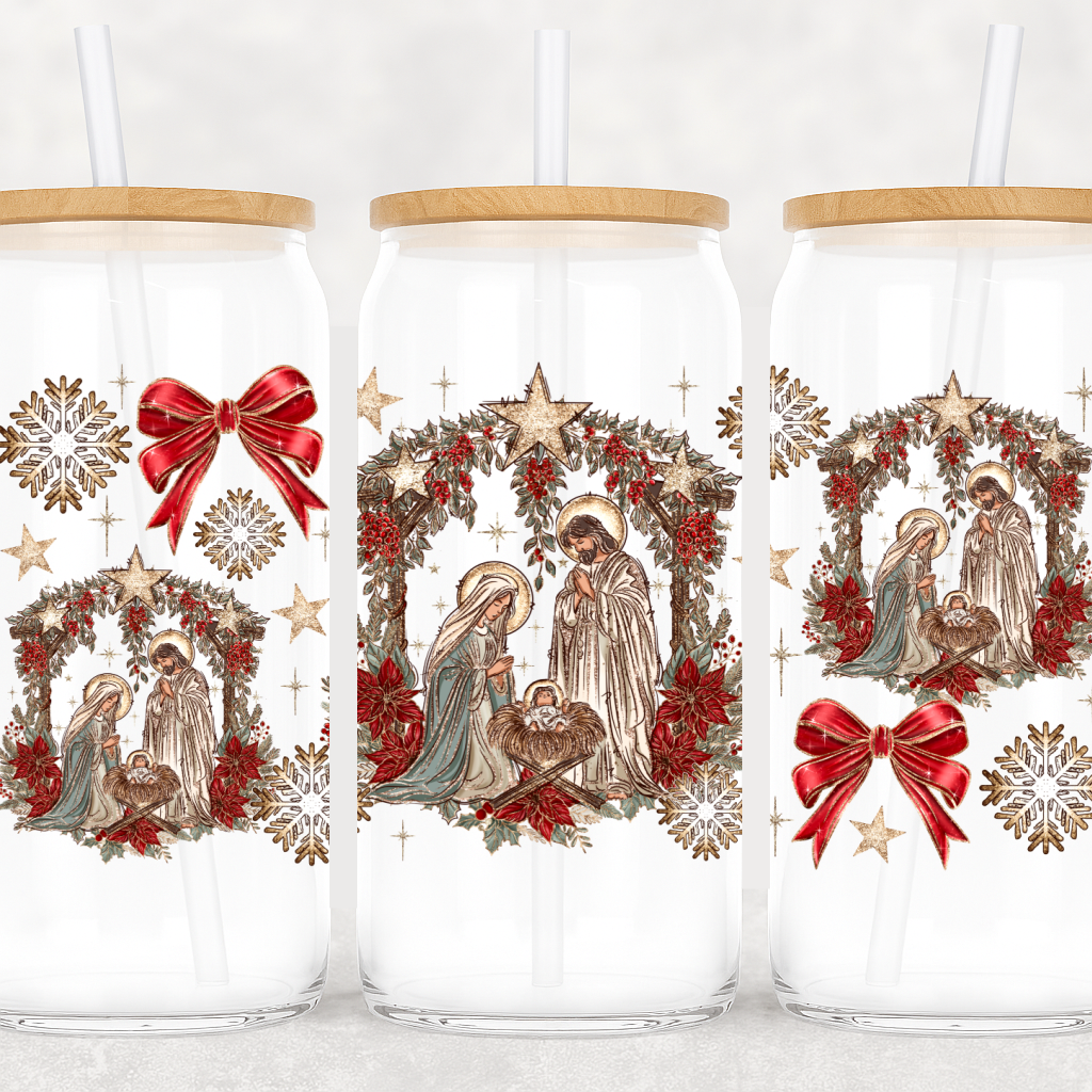 UV-DTF Noel Nativity Wrap – Holy Family with Poinsettias, Stars & Gold Snowflakes