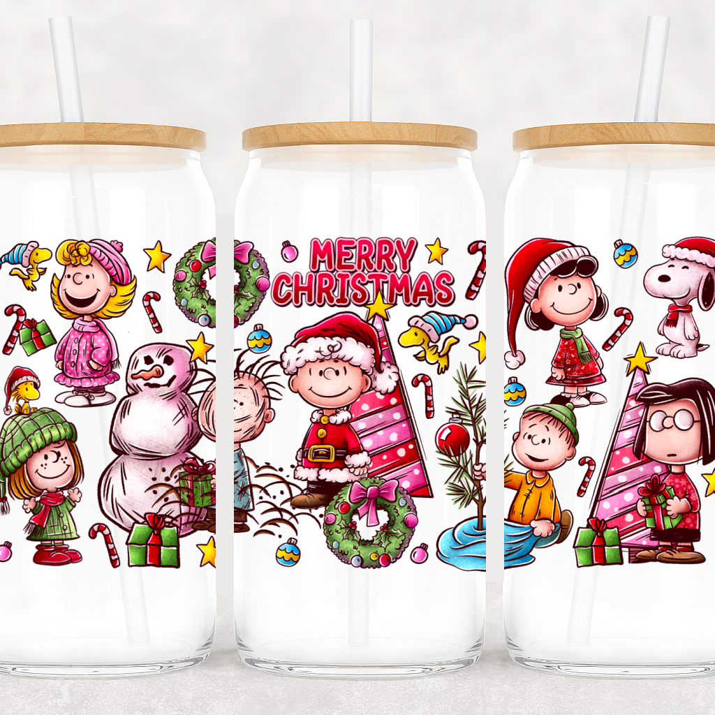Three glass tumblers with Christmas-themed designs featuring cartoon characters and festive elements.