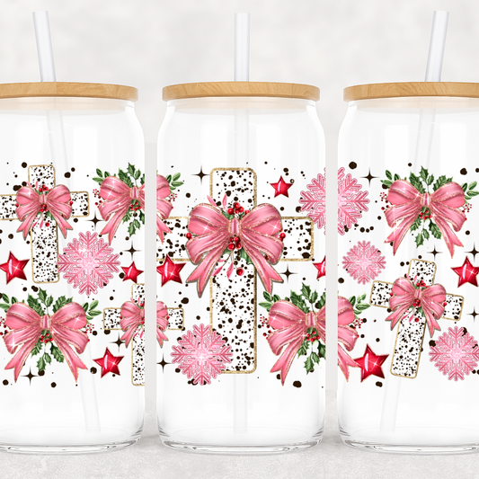 UV-DTF Red Christmas Cross Wrap – Pink Bows, Holly, and Snowflakes with Festive Stars