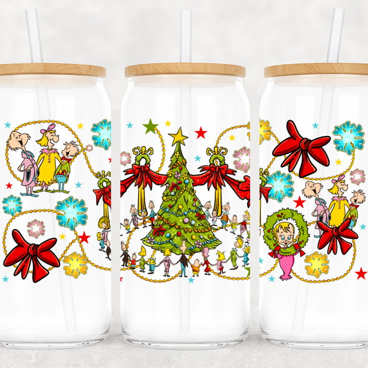 UV-DTF Whovillle Christmas Wrap – Grinch Holiday Scene with Tree, Bows & Who Characters