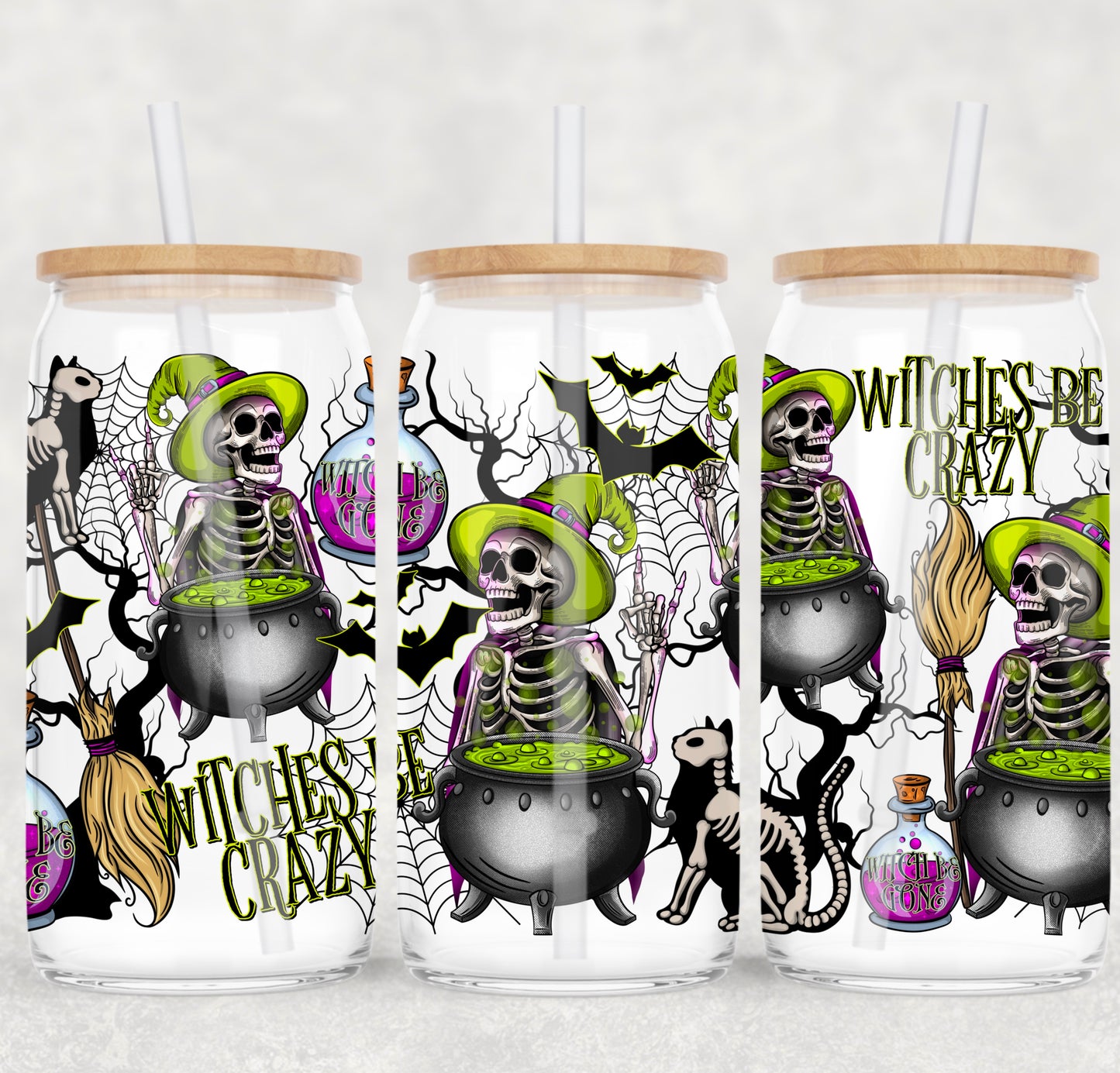 UV DTF Cup Wrap – Witches Be Crazy | Halloween Skeleton Cauldron Glass Cup Decal