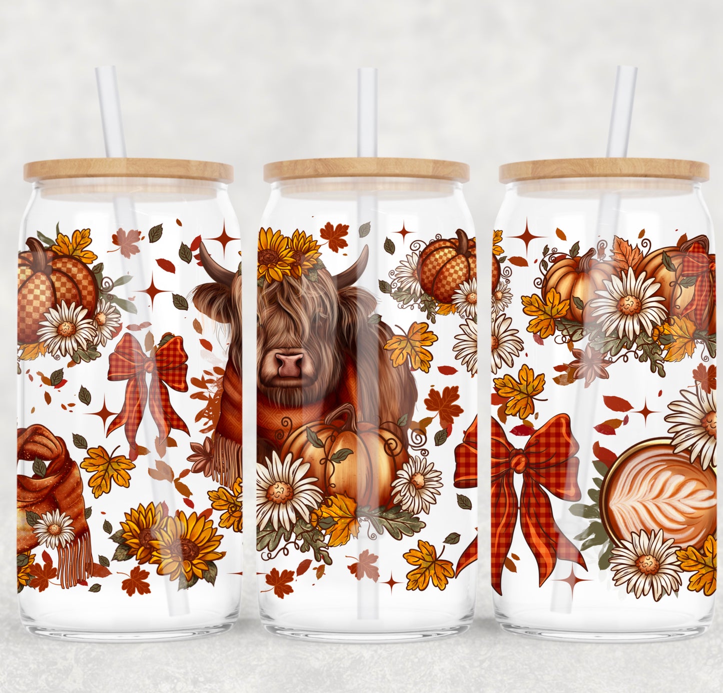 UV DTF Cup Wrap – Autumn Is Calling | Highland Cow, Pumpkins & Fall Florals Glass Cup Decal