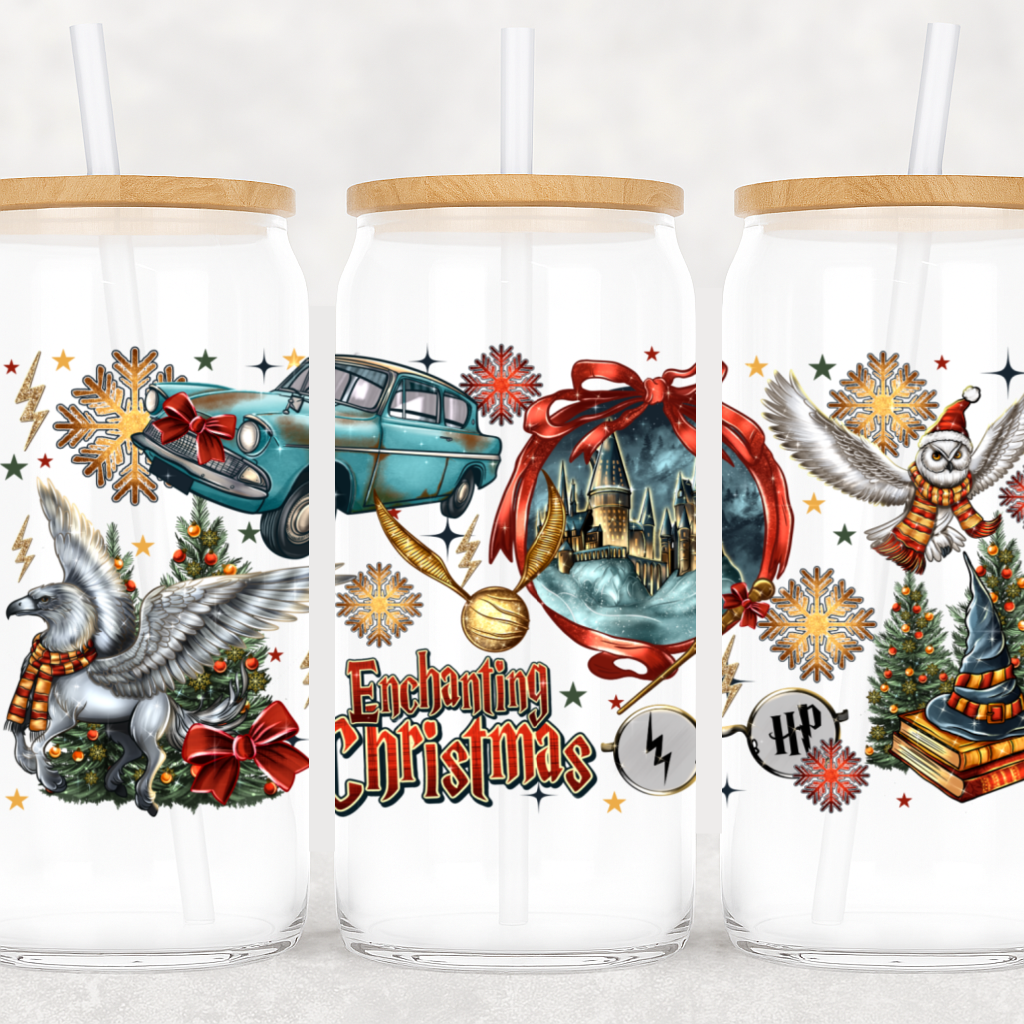 UV-DTF Enchanting Christmas Wrap – Magical Holiday Scene with Castle, Owl, and Flying Car
