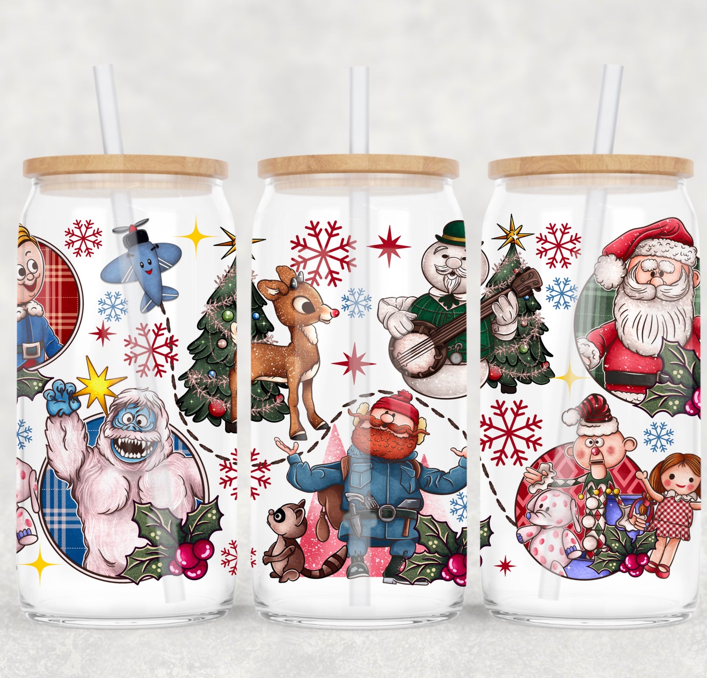 UV DTF Cup Wrap – Classic Rudolph & Friends | Retro Christmas Movie Glass Cup Decal