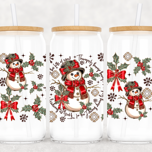 Three glass tumblers with snowman designs and Christmas elements on a white background