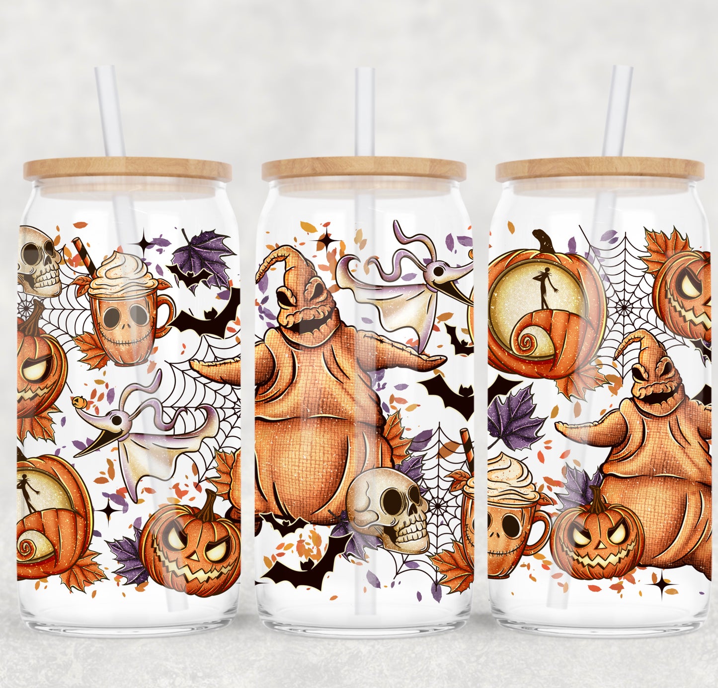 UV DTF Cup Wrap – Ooogie Boogie Fall Vibes | Spooky Pumpkins & Skeleton Latte Glass Cup Decal