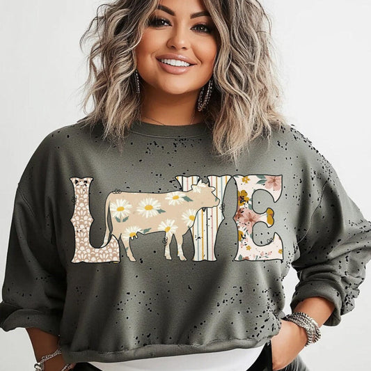 T-Shirt Sweatshirt Crew LOVE Cow - Floral Farmhouse Design