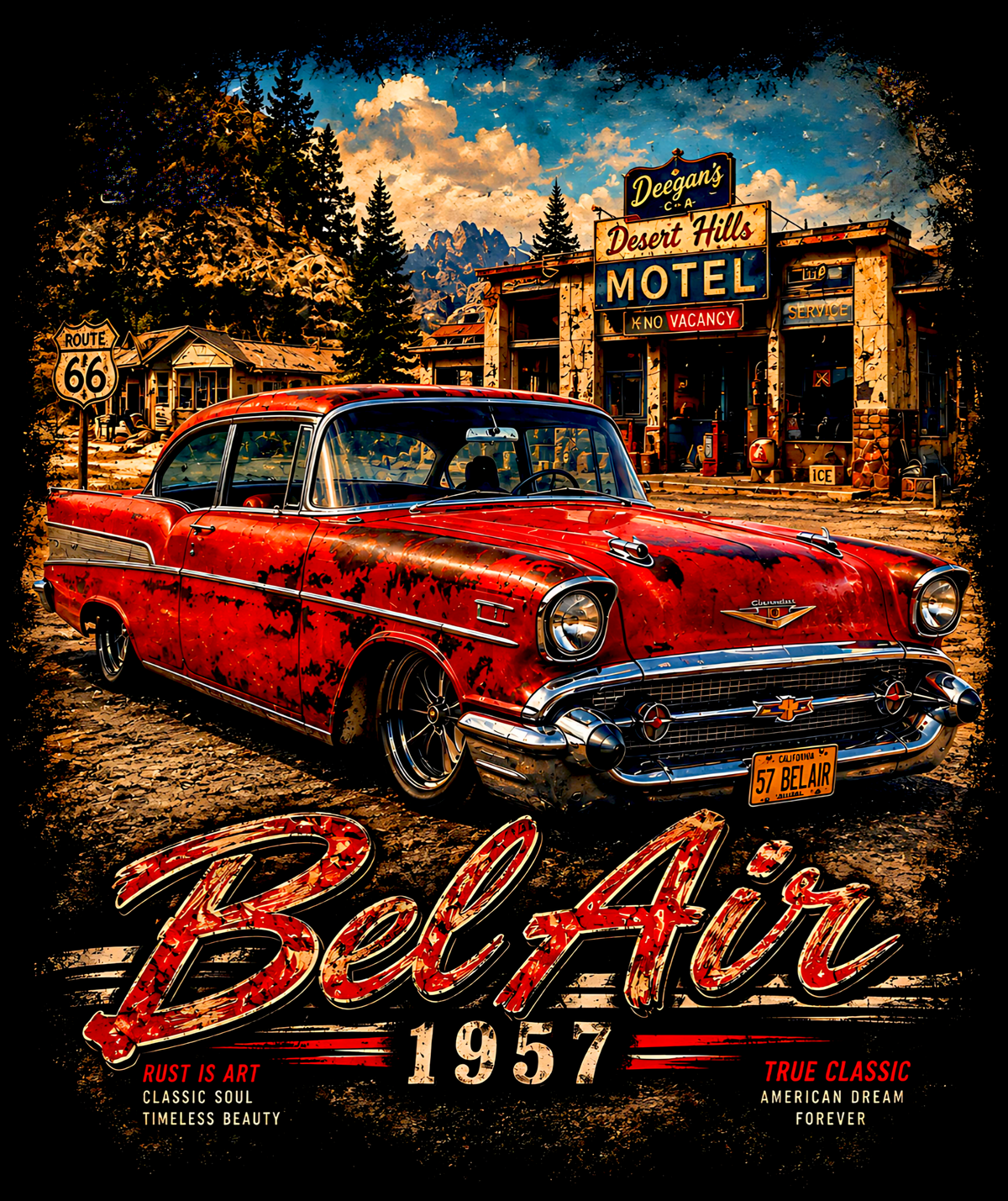 Printed Halftone - 1957 Chevrolet Bel Air at the Motel - On Darks Only