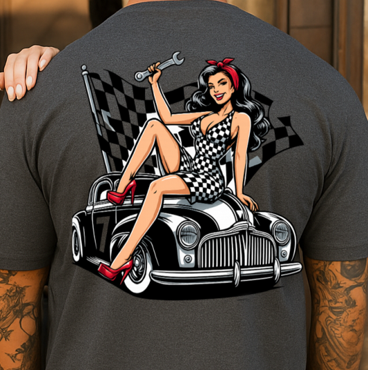 Two people wearing t-shirts with a graphic design of a woman on a car.