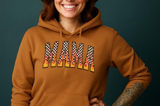 T-Shirt Crewneck Hoody – Checkered Flame MAMA Retro Bold Print