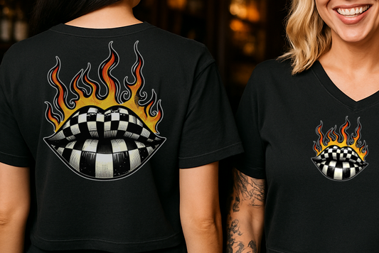 T-Shirt  Or Hoodie  – Checkered Lips with Flames