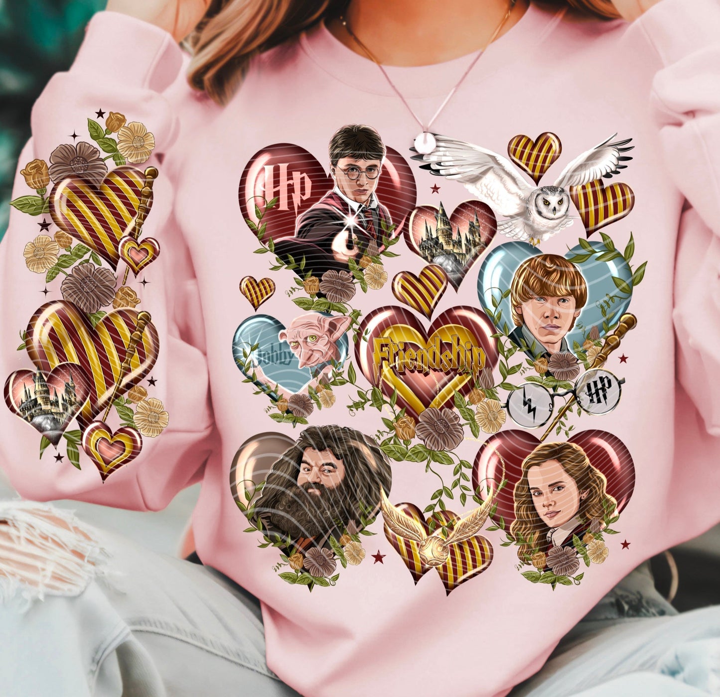 T-Shirt Sweatshirt Crewneck Hoodie H P Inspired Hearts and Characters Design .