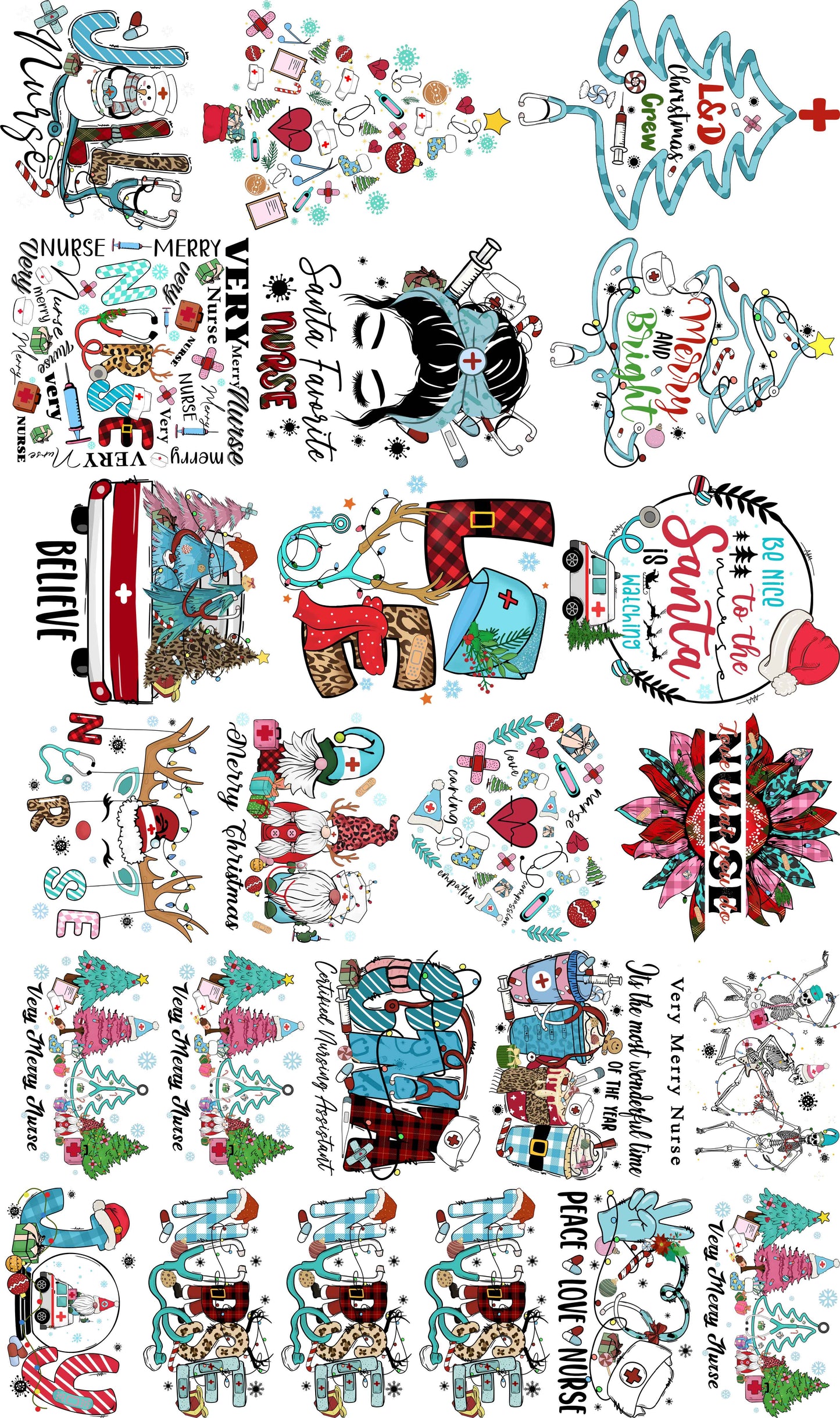 Premade Gangsheet DTF Transfer Christmas Nurse Designs