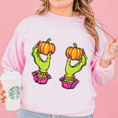 Crewneck T-Shirt  Halloween – Witch Hands Holding Pumpkins (Neon Green & Orange) Hoody Or Sweatshirt