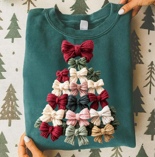 Sweatshirt Hoodie Crewneck Wool Effect Cozy Bow Christmas Tree Design