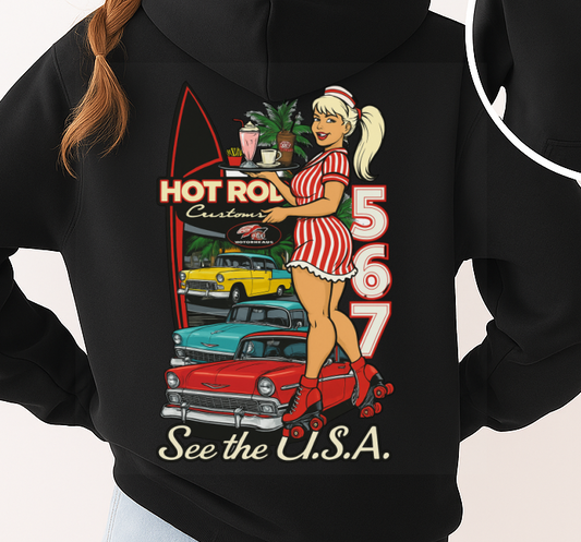 DTF Transfer – Hot Rod Diner Girl 567 with Classic Cars & Milkshakes