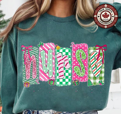 Sweatshirt Or Hoodie  Nurse Christmas – Festive Candy Cane & Plaid Lettering