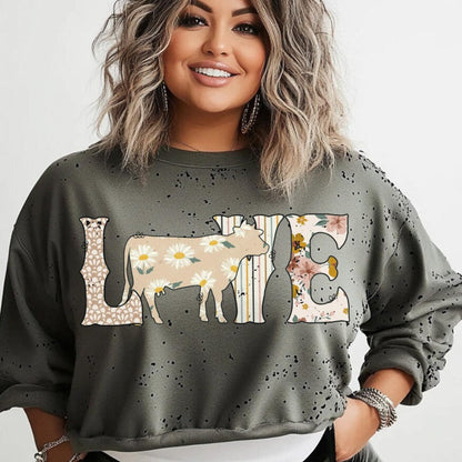T-Shirt Sweatshirt Crew LOVE Cow - Floral Farmhouse Design