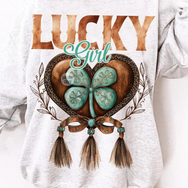 T-Shirt Sweatshirt Hoodie Lucky Girl Western Turquoise & Leather Design Crewneck