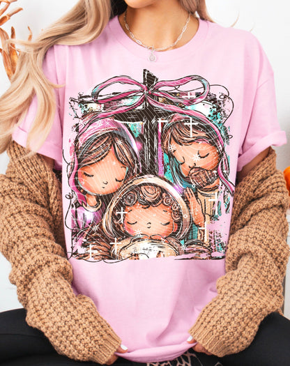 T-Shirt Crewneck Nativity Scene with Cross & Bow