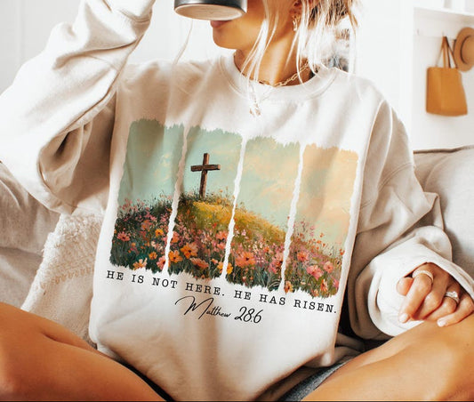 T-Shirt Crewneck Easter He Has Risen Cross Matthew 28:6 Floral Christian Design