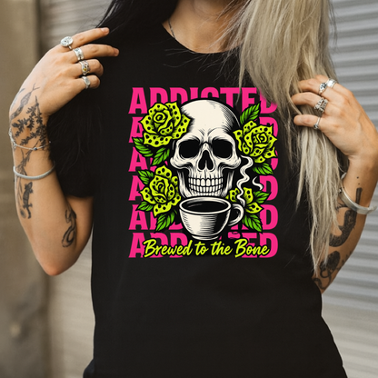 DTF Transfer Brewed to the Bone – Neon Skull & Coffee Design