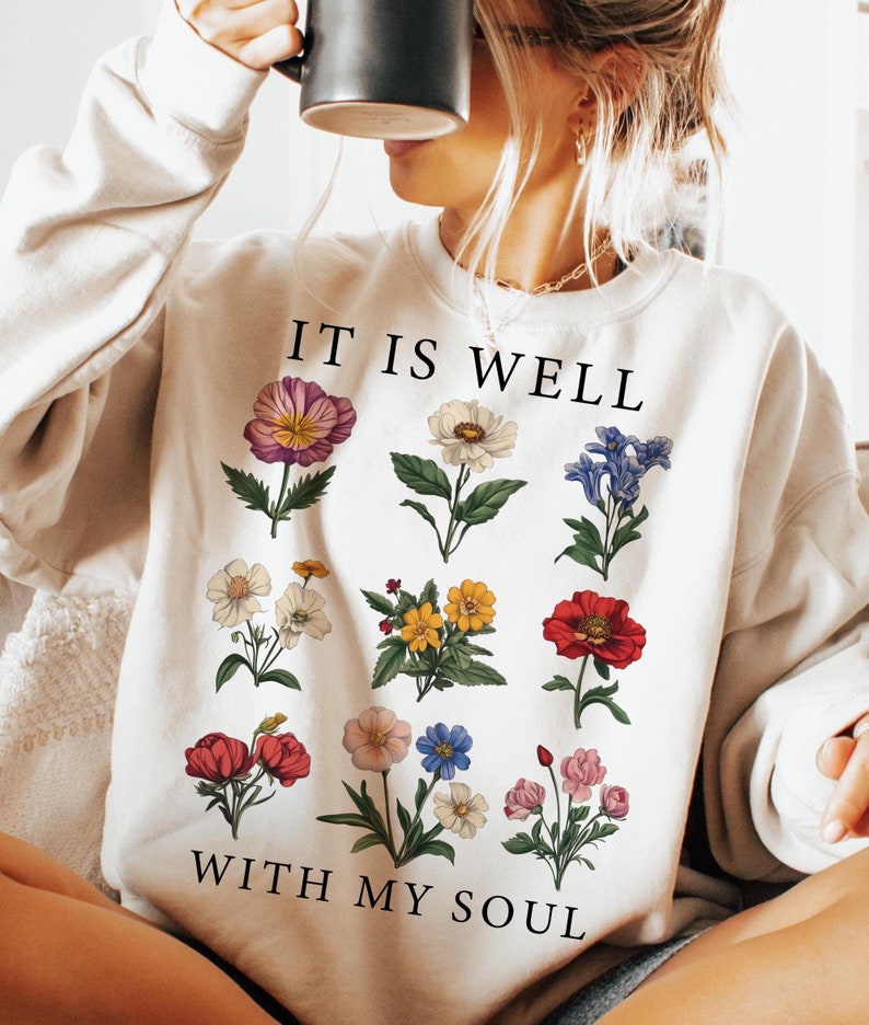 T-Shirt Crewneck It Is Well With My Soul – Vintage Floral Christian Design