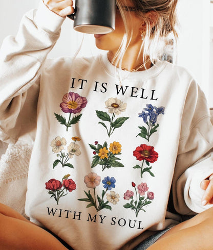 T-Shirt Crewneck It Is Well With My Soul – Vintage Floral Christian Design