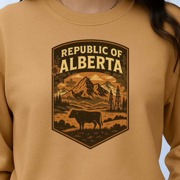 T-Shirt  Or Hoodie  Sovereign Alberta – Western Prairie Badge with Mountains, Cow & Oil Rig  #3