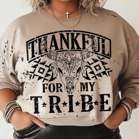 T-Shirt Sweatshirt Crew Thankful for My Tribe - Western-Inspired Boho Design